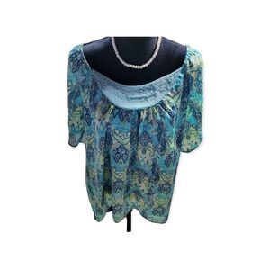 Lane Bryant 22/24 Paisley Beaded Green Blue Short Sleeve Top